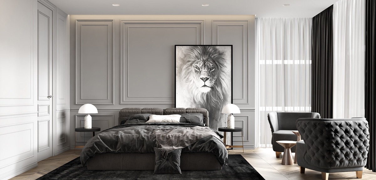 8Grey-neoclassical-bedroom卧室装饰方案中的王者是狮子艺术品，它以灰色壁板墙为主。白色的床头柜灯突出灰色。这些是阿托洛灯.jpg